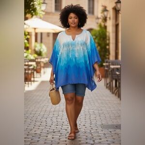NY Collection Ocean Blue‎ and White Studded Tunic